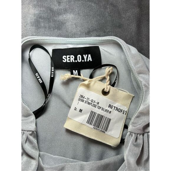 Revolve SER.O.YA Top Womens Size Medium Silver Debbi Strapless Cropped Ruched - Picture 6 of 11